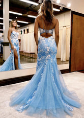 Dora | Light Blue Mermaid Corset Floral Formal Long Dress with Slit - Sky Blue - PromDressClub